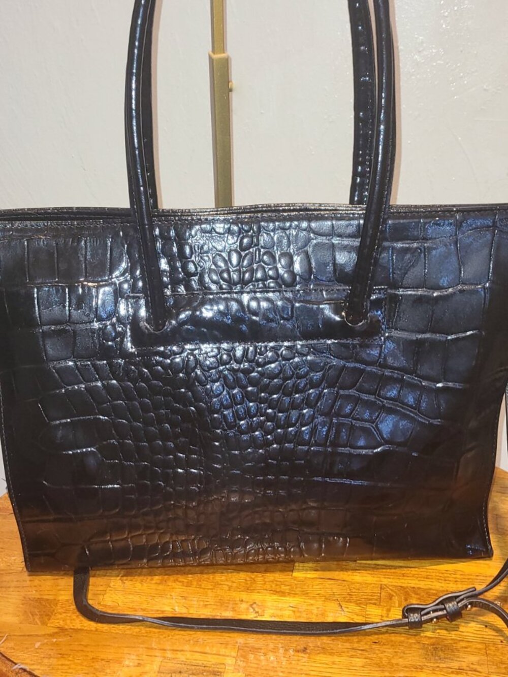Rare $425 Borse in Pelle Italy Black Crocodile Shopper Tote Shoulder Bag w Strap